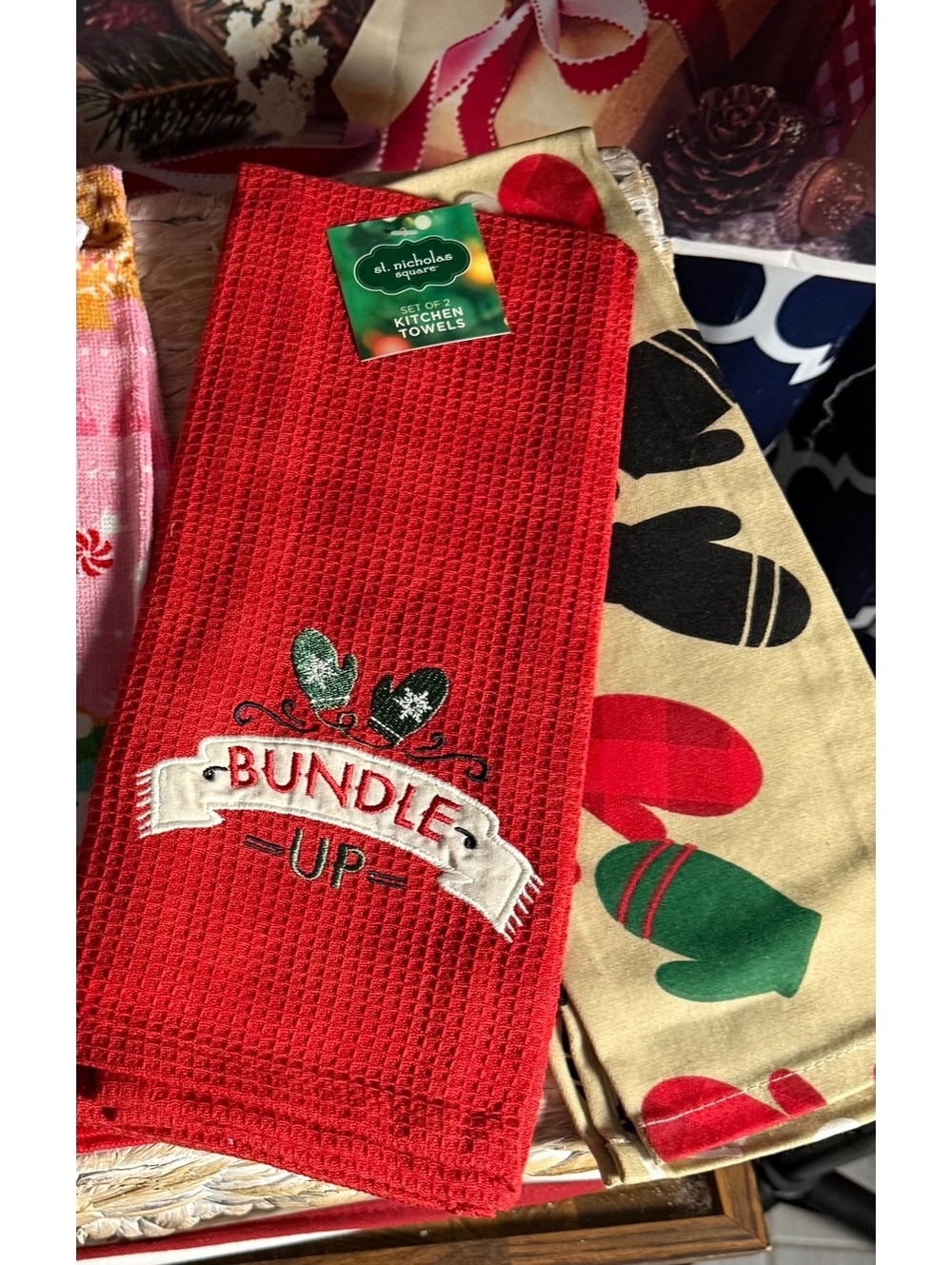 Set of 2 Christmas Kitchen Towels with Mittens Design and 'Bundle Up' Embroidery